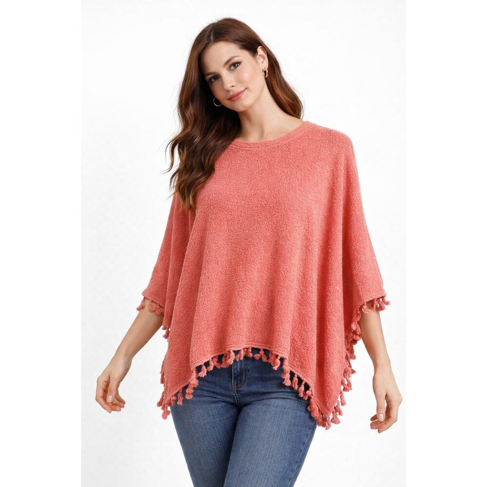 Blue Saks Fifth Avenue Terry Knit Poncho OS Coral Pink Fringe Cape Sweater